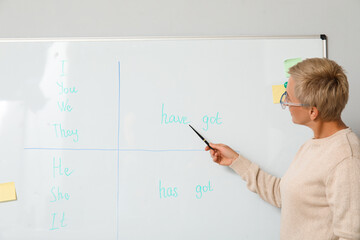 Female teacher conducting English grammar near flipboard in classroom