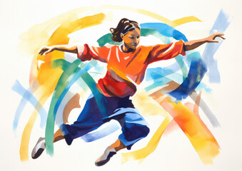 Fototapeta premium Girl in a orange shirt and blue pants dances in a expressive contemporary style — Gouache painting, natural brush strokes, beautiful illustration