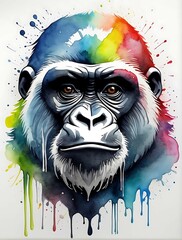 watercolor painting, A single line art, a super minimal gorilla head, high quality, 8K Ultra HD, masterpiece, Watercolor, wash technique, colorful, A painting with dripping and scattered paint