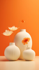 Obraz na płótnie Canvas Aesthetic Layout Of Textured Vases On Orange Background