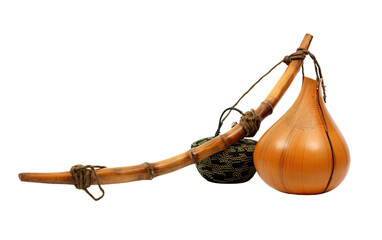 A Brazilian Brown Berimbau Instrument with a Gourd and Bow Isolated on Transparent Background PNG.