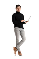 Young businessman working with laptop on white background