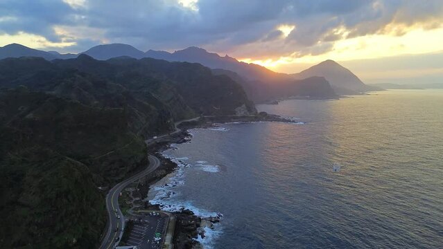 Aerial 4k footage of Bitou cape during sunset, northeast corner, Ruifang, Taiwan.