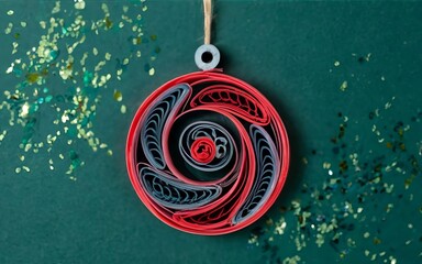 A Christmas ornament, with a coiled paper and a glitter. The ornament is made of several shapes, creating a 3D effect