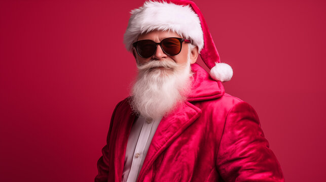 Generative AI photo of cool street vibe Santa Claus in cherry red jacket and sunglasses on a pink background with copy space