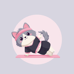Kot w sportowym ubraniu ćwiczący na różowej macie.