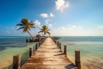 A pier on a tropical beach surrounded by palm trees and under a blue sky. Generative AI