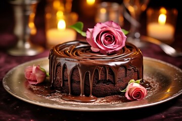 A chocolate cake with two candles on top of a plate with flowers and swirls around it. Generative AI