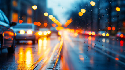 Street traffic in the city at dusk in the rain