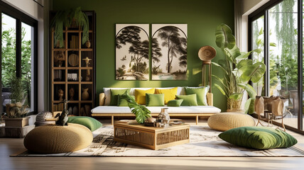 Japanese and Scandinavian styles modern designed livingroom - obrazy, fototapety, plakaty