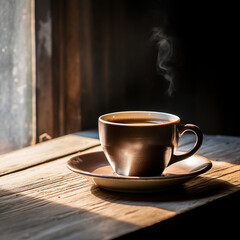Coffee cup on wooden table under morning light near the window