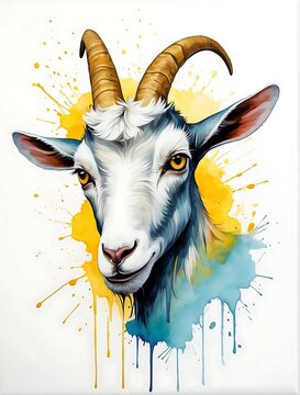 watercolor painting, A single yellow line art, a super minimal goat head, high quality, 8K Ultra HD, masterpiece, Watercolor, wash technique, colorful, A painting with dripping and scattered paint