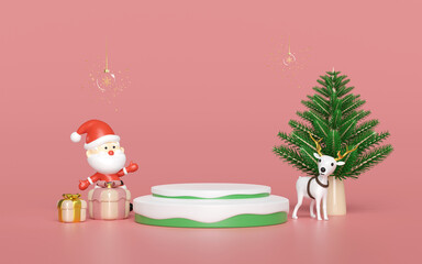 3d Podium empty with reindeer,  Santa Claus, gift box, christmas tree. merry christmas and happy new year, 3d render illustration