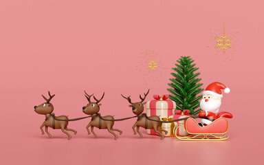 3d reindeer with Santa Claus, sleigh, gift box, pine tree, gift box, snowflake. merry christmas and happy new year, 3d render illustration