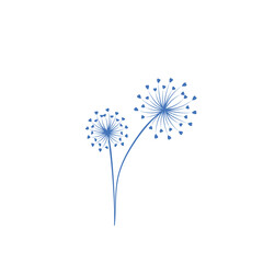 Abstract blue dandelion silhouette with hearts, flying seeds of love dandelion 