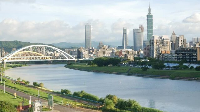 horizontal landscape view of the Taipei capital city of the Taiwan with highrise skyscraper building under sunset twillight sky time with windy cloudy weather.