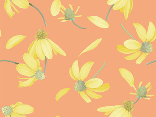 Floral seamless pattern, yellow Cutleaf coneflower on orange