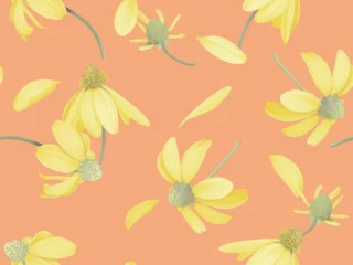 Gordijnen Floral seamless pattern, yellow Cutleaf coneflower on orange © momosama