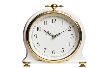 Splendid White Classic Desk Clock with a Brass Frame Isolated on Transparent Background PNG.