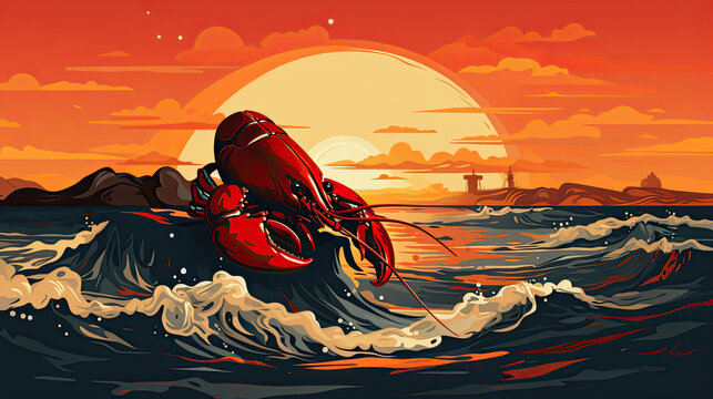 Lobster by a the sea and waves during sunset. color painting.