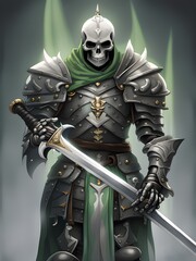 Naklejka premium cartoon character of a samurai with a skull in his hands and a sword.