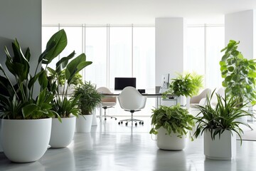 Clean office with plants, sleek design. Generative AI
