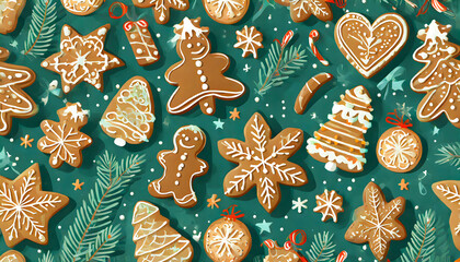 Christmas and Happy New Year seamless pattern with gingerbread. Trendy retro style.