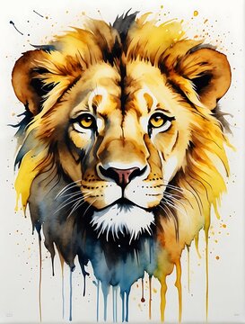watercolor painting, A single yellow line art, a super minimal lion head, high quality, 8K Ultra HD, masterpiece, Watercolor, wash technique, colorful, A painting with dripping and scattered paint