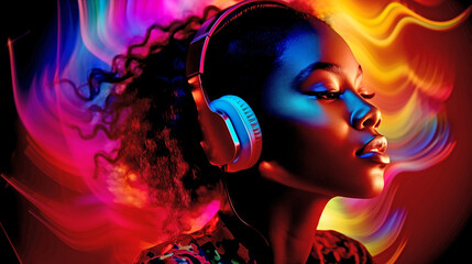 HAPPY AFRICAN AMERICAN WOMAN IN HEADPHONES ON COLORFUL NEON BACKGROUND. legal AI