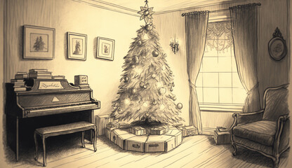 interior of room decorated with Christmas tree and lights 