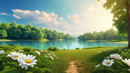 Tranquil scene with lush woodland, lake, and green forest

