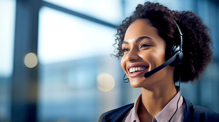 SMILING AFRICAN AMERICAN WOMAN CALL CENTER WORKER. legal AI