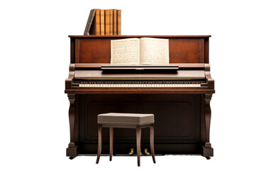 Elegant Upright Piano with Sheet Music Isolated on Transparent Background PNG.