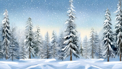 Fototapeta na wymiar Cute winter repeating landscape. Winter snowfall in the forest woods. Christmas night landscape