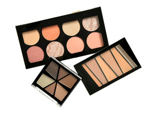 Beautiful palettes of eyeshadows on white background
