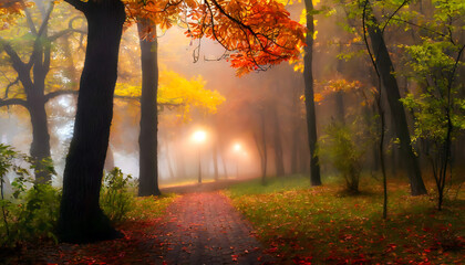 closeup of falling autumn leaves with vibrant backlight