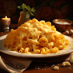 Close-up of a plate of macaroni with melted cheese. AI Generative