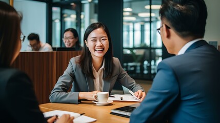 Happy busy executive management attorneys lawyers or recruiting team korean office people having business meeting, consulting client, consultancy services. generative AI