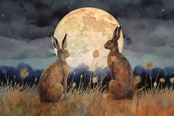 Foto op Aluminium Watercolor painting of three hares in field, gazing at giant moon in colorful starry sky. Generative AI © Halen