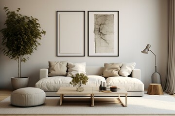 Minimal style living room with hanging wall decor frame. Generative AI