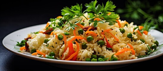 Closeup of vegetable infused rice pilaf deliciously tempting - obrazy, fototapety, plakaty