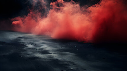 red Smoke And Fog On Asphalt In Black Defocused Background