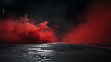 red Smoke And Fog On Asphalt In Black Defocused Background
