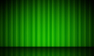 Vector realistic green theatrical closed curtain of shiny material with reflection on stage floor vector illustration