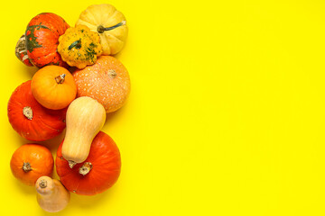 Different fresh pumpkins on yellow background