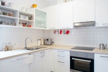 Bright clean kitchen. White furniture, utensils, shelves, crockery. Small fridge. Generative AI