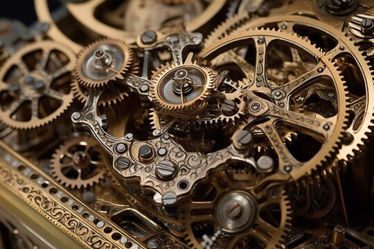 Detail of intricate clockwork or machinery. Generative AI