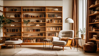beautiful color modern home relax library with cozy armchair and bookshelves with books arranged in a room with white walls, 