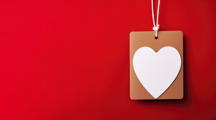 Paper tag with white heart shaped on red background.