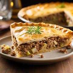 Traditional homemade Tourtiere with meat and vegetables on a wooden background. AI Generative - obrazy, fototapety, plakaty